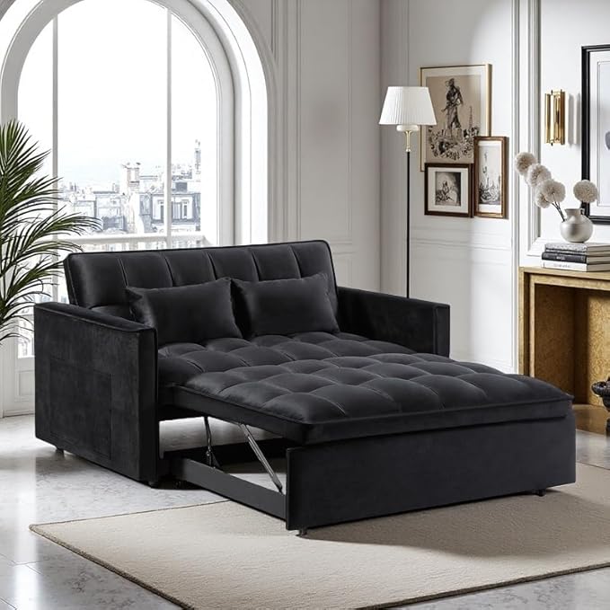 3 in 1 Convertible Sleeper Sofa Bed, Velvet Pull Out Sofas Beds with Side Pocket, 54” Adjustable Backrest Futon Sofa Bed, Love Seat Sleepers Couch for Living Room, Bedroom, Small Space, Black