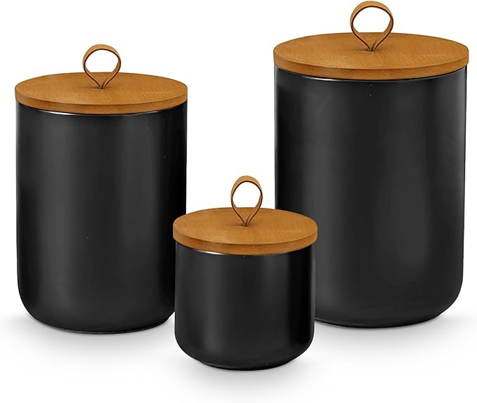 Canister Sets for Kitchen,Ceramic Kitchen Canisters for Countertop with Airtight Wood Lids for Serving Ground Coffee, Tea, Spice, Grains, Sugar, Salt (Black Pack of 3 (8.7/27/44 Oz))