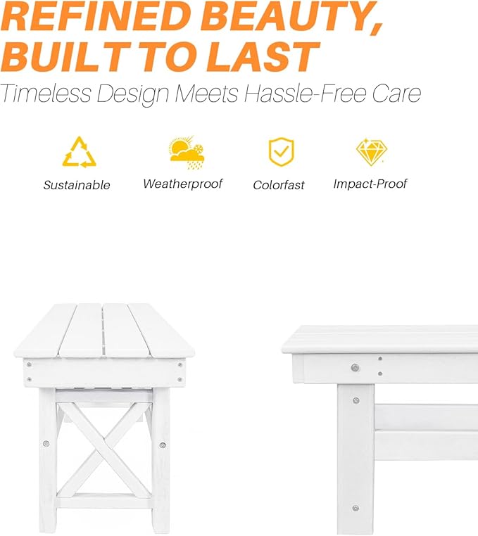 HDPE Outdoor Bench, 55" Patio Bench Outdoor Furniture, Poly Lumber Adirondack Benches, All Weather HDPE Patio Backless Benches for Park, Poolside, Garden, Porch, Pearl