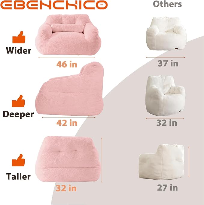 Bean Bag Chair for Adults with Pillow,Oversized Bean Bag Couch Chairs for Adults,Giant Lazy Couch Sofa Chairs with Filler,Large Reading Chair for Living Room Bedroom,Pink