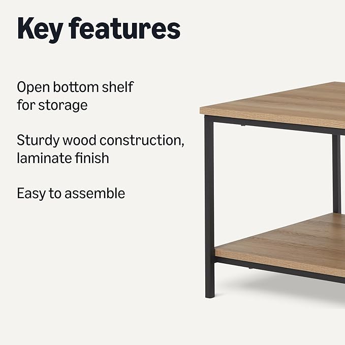 Amazon Basics Rectangular Coffee Table with Bottom Shelf, Living Room Center Table, Wooden, 19.9" D x 31.5" W x 16.5" H