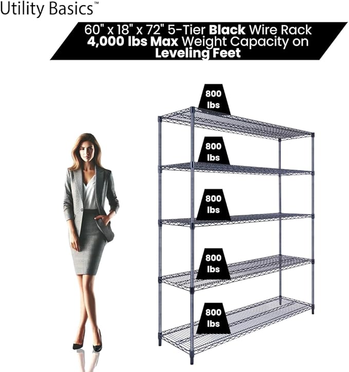 60"x18"x72" Black 5-Tier Premium Wire Shelving NSF 4000 LBS MAX Capacity Heavy Duty Steel Storage Rack for Warehouses, Garages, Hospitals, Commercial Spaces, & Schools w/Premium Wheels