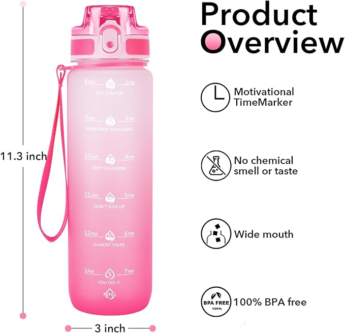 32oz Motivational Water Bottles with Time Marker & Fruit Strainer, Transparent Gradient Color Water Bottle with Times to Drink, Leakproof & BPA Free, Reusable Bottle with Strap (No Straw)