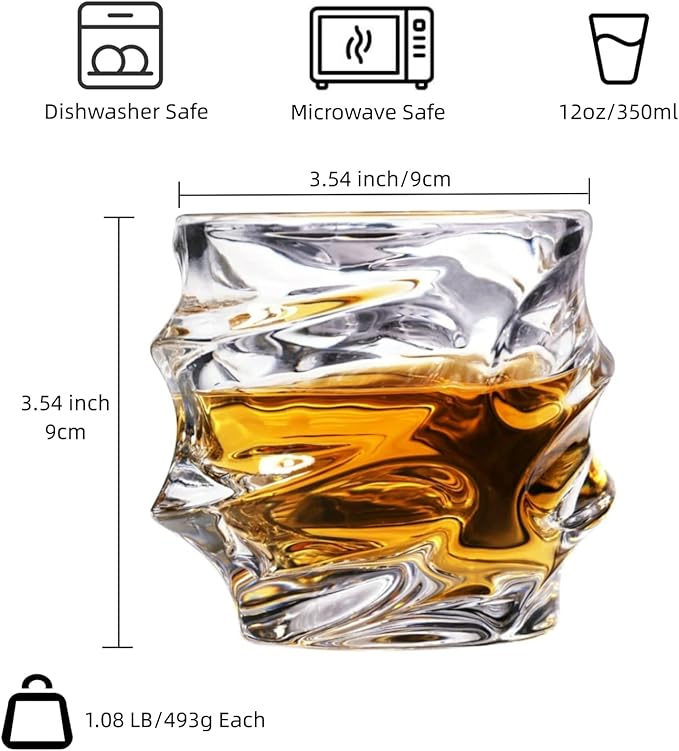 12 oz Hand Blown Crystal Whiskey Glasses Set of 4, Unique Cognac Glass, Heavy Thick Bottom Bar Glass for Scotch Bourbon Rum Gin Water Cocktail,Gifts Men Gifts Ideas