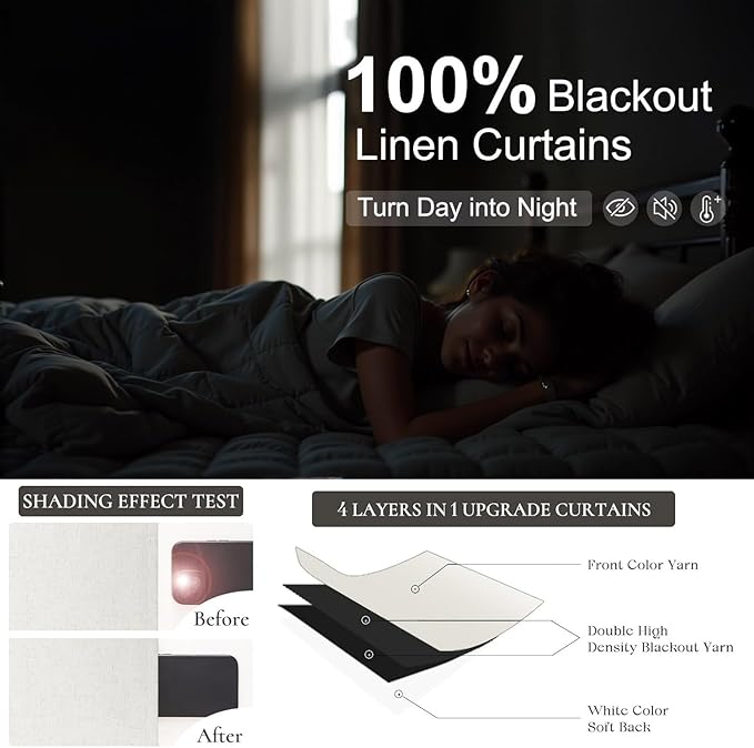 80 Inch Long Linen Blackout Curtains 2 Panels Set for 76-80 inch Window Drapes Back Tab Pleated Boho Room Darkening Thermal Curtains for Sliding Glass Door Custom Made Ivory Cream 52x80 in Length