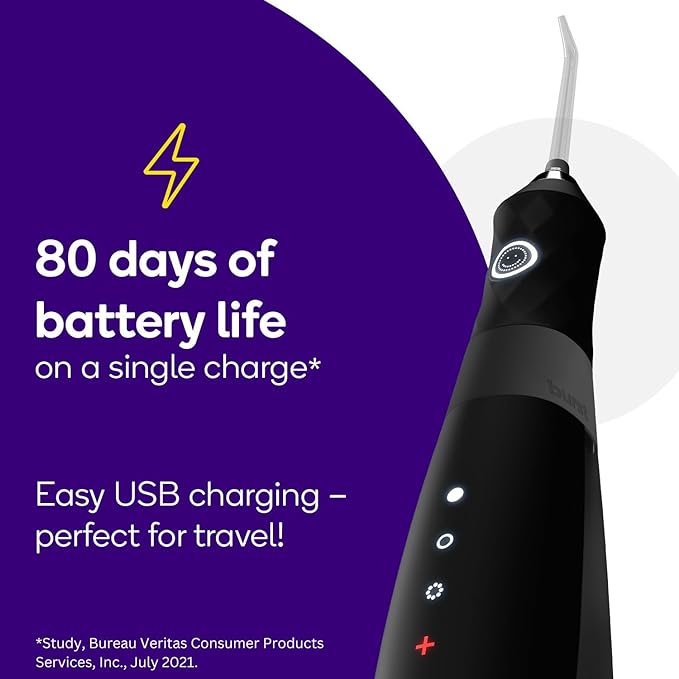 Burst Electric Water Flosser for Teeth Cleaning (3 Modes/Black) | Cordless | Plaque Removal Between Braces & Dental Work | Portable Floss | Refillable 110mL Tank