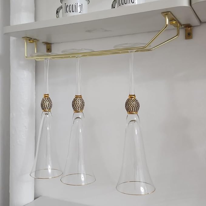 14-Inch Gold Wine Glass Rack, Under Cabinet Wine Glass Holder Stainless Steel Stemware Rack - Hanging Stemware Holder for Cabinet Kitchen Bar, Set of 4