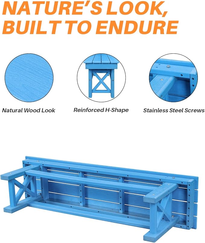HDPE Outdoor Bench, 55" Patio Bench Outdoor Furniture, Poly Lumber Adirondack Benches, All Weather HDPE Patio Garden Backless Benches for Park, Poolside, Deck, Porch, Sky Blue