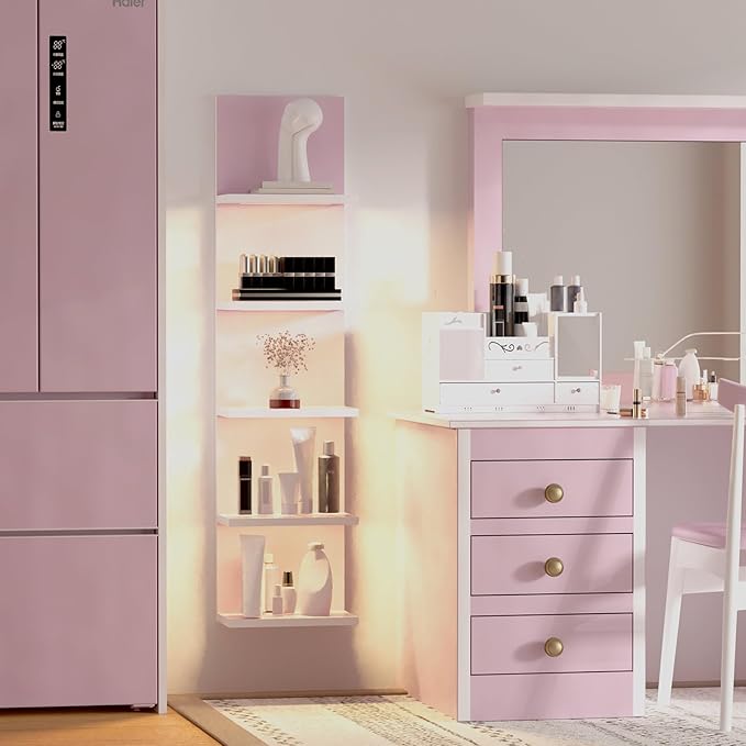 5 Tier Wall Shelf Unit,Modern Vertical Lack Wall Shelves with Light, Wall Mount, Floating Column Home Decor Shelves for Bedroom, Living Room, Vanity Storage Display(Pink)