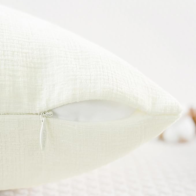 CaliTime Throw Pillow Covers Decorative 22 X 22 Inches Pack of 2 Cozy Chenille Cushion Cases for Couch Sofa Bed Living Room Home Cream