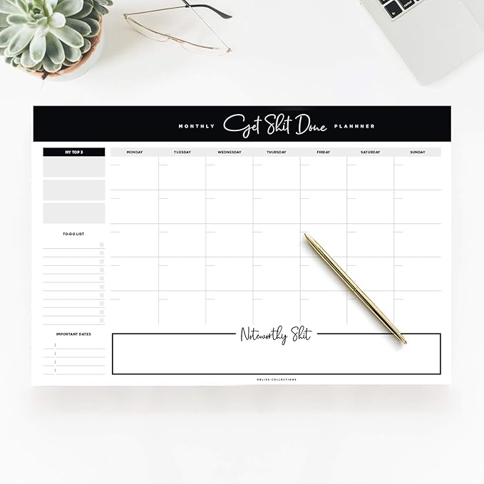 Bliss Collections Monthly Planning Pad, To Do List Notebook - Undated Tear-Off Sheets Notepad - Work Calendar, Organizer, Scheduler for Goals, Tasks - Get Stuff Done, 12" x 18", 18 Sheets