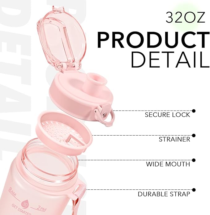 32oz Motivational Water Bottles with Time Marker & Fruit Strainer, Transparent Gradient Color Water Bottle with Times to Drink, Leakproof & BPA Free, Reusable Bottle with Strap (No Straw)