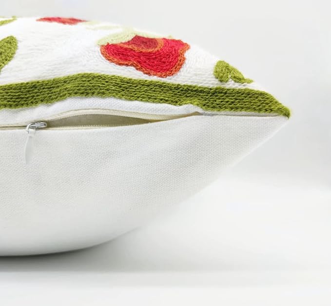 Alysheer Floral Embroidered Summer Decorative Throw Pillow Cover 18"x 18", Farmhouse Cottage Red Flowers Green Leaves Knit Pattern Cotton Canvas Cushion Case for Sofa Couch Bed Living Room Decor