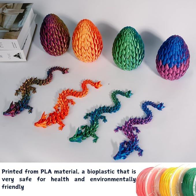 3D Printed 12” Articulated Crystal Dragon Inside 5.1” Egg – Fantasy Collectible, Fidget Toy & Stocking Easter Basket Stuffers for Home & Office Decor (Multicolor).
