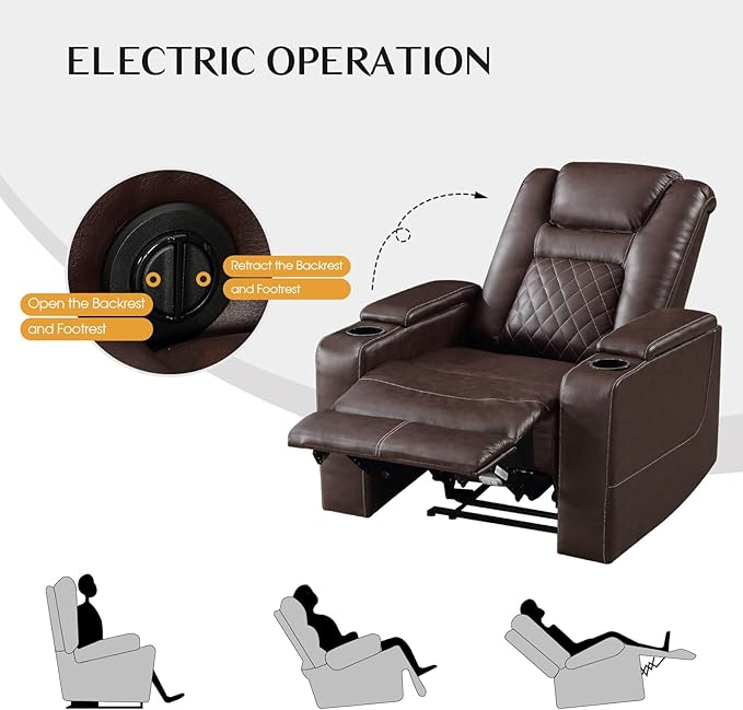 CANMOV Electric Power Recliner Chair with USB Ports and Cup Holders, Breathable Leather Home Theater Seating with Hidden Arm Storage (Red Brown)