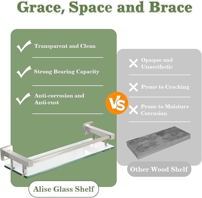 Alise Bathroom Glass Shelf with Stainless Steel Railing, Brushed Nickel Small Tempered Glass Floating Wall Shelf Over The Toilet, 16 inch