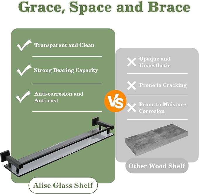 Alise Bathroom Shelf Wall Mounted, Matte Black Large Capacity Glass Shelf for Bathroom, 24 inch