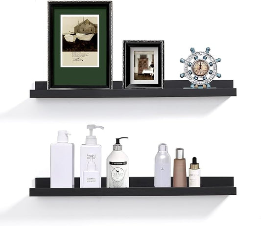 Black Floating Shelves for Wall 24 Inch Wall Shelves with Lip Modern Picture Ledge Shelf Wall Mount Photo Shelves Room Decor Hanging Book Shelves Set of 2 for Bedroom Living Room Bathroom Kitchen