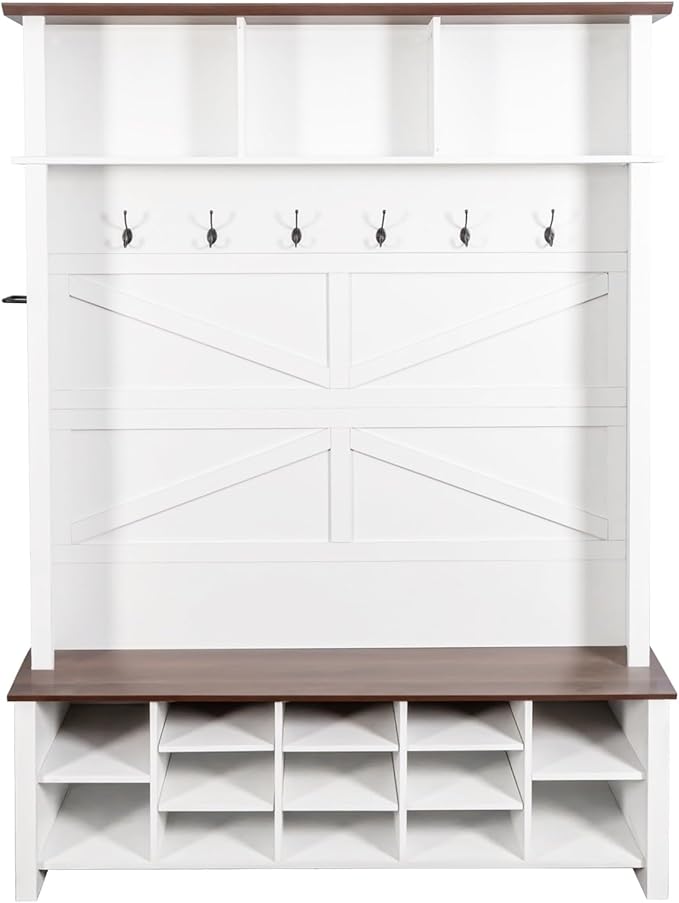 Ball & Cast 4-in-1 Hall Tree with 6 Hooks,Walnut Entryway Bench with Adjustable Shelves,Rustic Shoe Organizer with 16 Open Compartments,for Mudroom,Living Room,Hallway,White