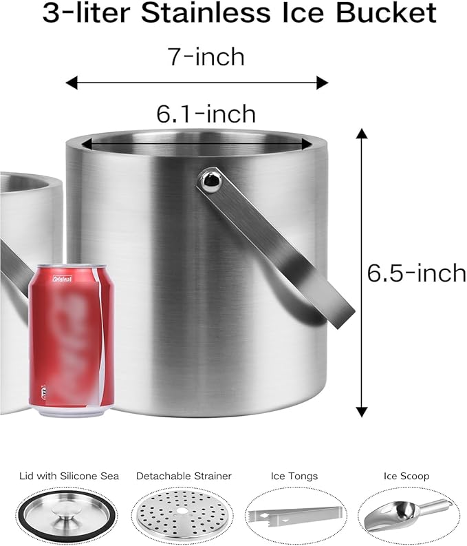 3L Double Wall Ice Bucket with Silicone Lid, Tongs & Scoop Insulated Ice Buckets for Parties & Cocktail Bar,[Silicone Lid for Longer Ice] Large Wine Bar Bucket Stainless Champagne Chiller