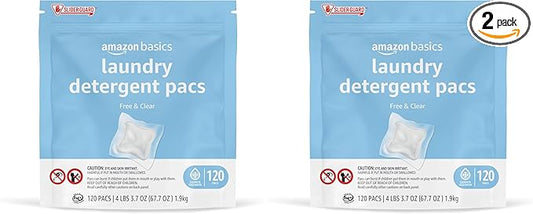 Amazon Basics Laundry Detergent Pods, 120 Pacs for 120 Medium Loads, Free & Clear, (Previously Solimo) (Pack of 2)