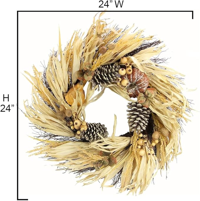 Admired By Nature Pumpkin Wheat Berry Corn Husk Wreath - 24" Artificial Hanging Wreath for Home Decor, Offices, Weddings, Events, Parties, Thanksgiving
