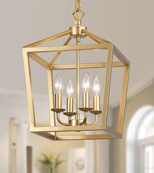 AMZASA Gold Lantern Chandelier Hanging Pendant Light Fixture 4-Lights for Kitchen Island Dining Room Hallway Entryway Foyer UL Listed
