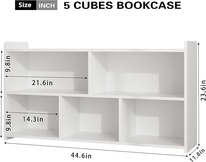 Book Shelf Set of 2, 5 Cubes Storage Organizer, Open Shelf Wooden Bookcase, Freestanding White Bookshelf Cube Shelf for Bedroom, Living Room, Home Office