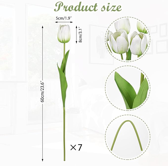 Artificial Tulips Flowers – 24" Long Stem Faux Tulips, 7PCS Real Touch Fake White Tulip for Vase, Farmhouse, Kitchen, Spring & Wedding Home Decor