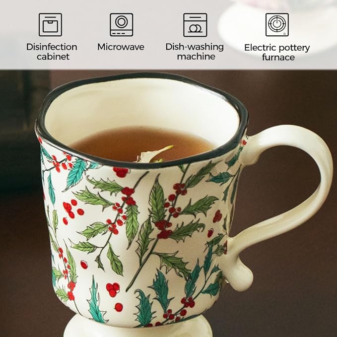 360ml -12.17oz Painted Cherry Fruit Ceramic Mug - Cute irish Coffee Glasses for Latte, Espresso - Gift for Women, Dishwasher Safe