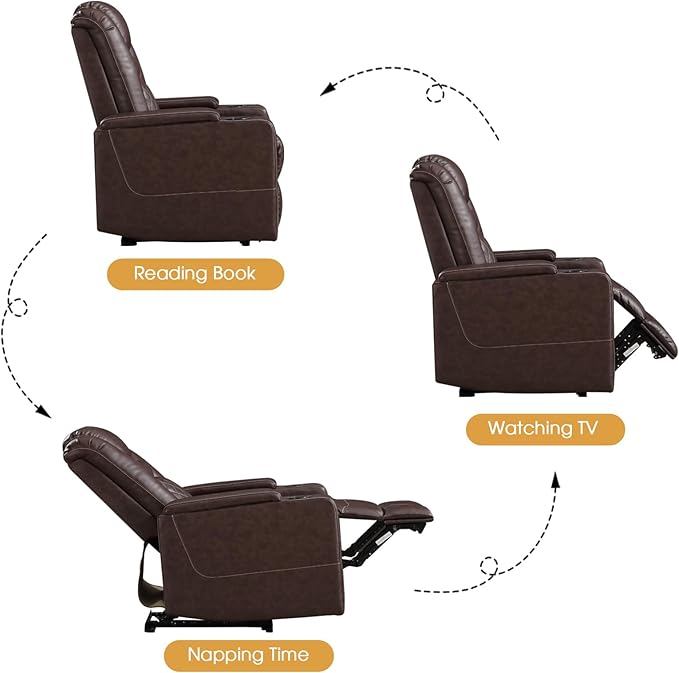 CANMOV Electric Power Recliner Chair Set of 3, Breathable Leather Home Theater Seating with Hidden Arm Storage, Power Recliner Chair with USB Ports and Cup Holders for Living Room,Red Brown