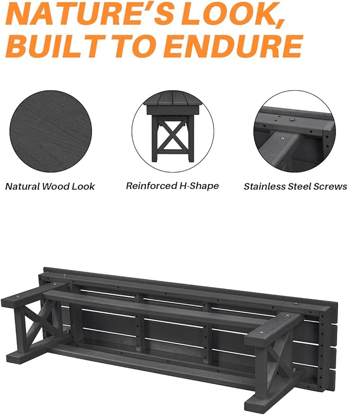 HDPE Outdoor Bench, 55" Patio Bench Outdoor Furniture, Poly Lumber Adirondack Benches, Fade-Resistant HDPE Garden Backless Benches for Park, Poolside, Garden, Porch, Obsidian