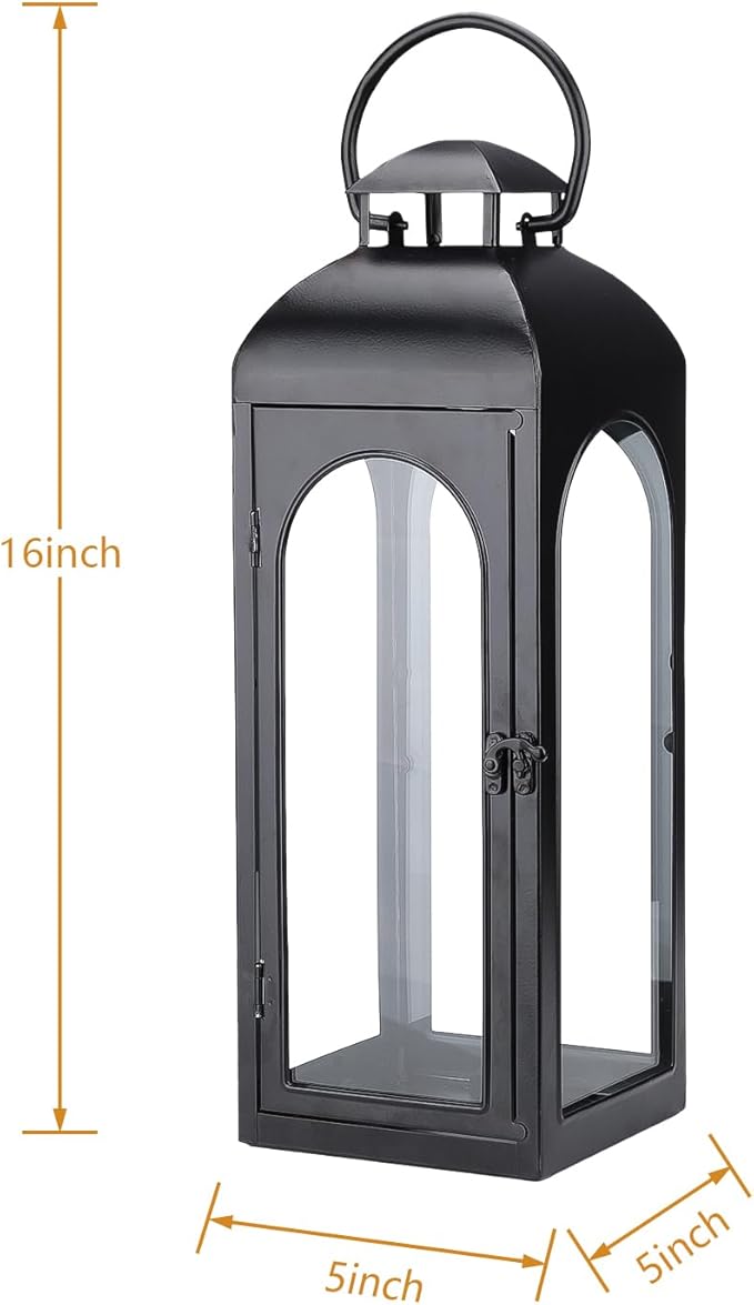 Bdor 2 Pack Luxury Black Metal Lanterns – 16" Tall Modern Hurricane Candle Lanterns with Tempered Glass Panels for Front Porch, Tabletop, Mantel, Wall Hanging, Garden, Indoor & Outdoor Décor