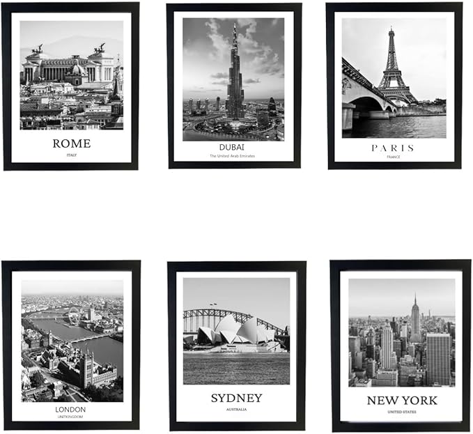 Black And White Wall Art Decor,New York, London, Tokyo, Paris, Eiffel Tower Wall Decor Art,Modern Boho Wall Art for Living Room Bedroom Prints Poster,8x10 Inch Set of 6,Framed