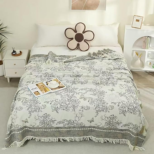 Boho Muslin Blanket for Adults 4-Layer Gauze Twin Size Soft Cozy 100% Cotton Summer Cooling Blanket Floral Decor for Sofa Bed Coverlet Both Sides (Tassels Floral Grey, Twin 60 x 80 in)
