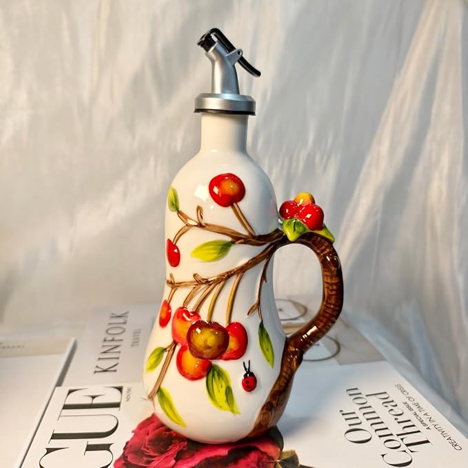18 Oz Hand Painted Relief Ceramic Olive Oil Bottle Dispenser for Kitchen, Oil and Vinegar Bottle, Seasoning Bottle with Stainless Steel Nozzle, 540mL Oil Container with Handle for Cooking, Light Proof