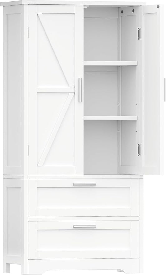 50.4" H Bathroom Storage Cabinet, Modern Floor Cabinet with Adjustable Shelf, Small Pantry with 2 Doors & Drawers, Storage Cabinet for Bathroom, Living Room, Kitchen, White KES007WCWG