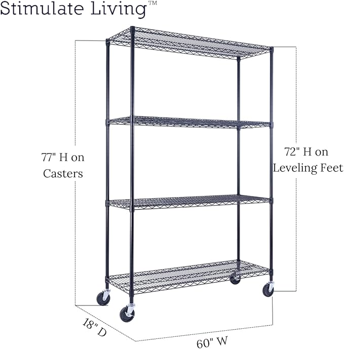 60"x18"x72" Prime Heavy Duty Black 4-Tier Wire Shelving NSF 3200 LBS MAX Capacity Storage Rack for Commercial, Hospital, School, Garage, and Kitchen Uses (with Wheels)