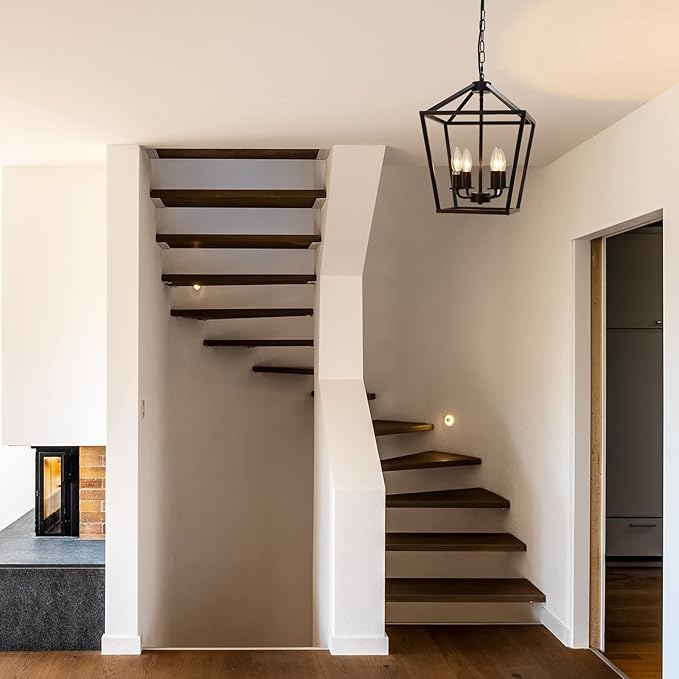 4-Light Lantern Pendant Light,Modern Industrial Black Cage Farmhouse Chandelier for Kitchen Island,12'' Rustic Metal Hanging Lighting Fixture for Dining Room Bedroom Foyer Entry Porch