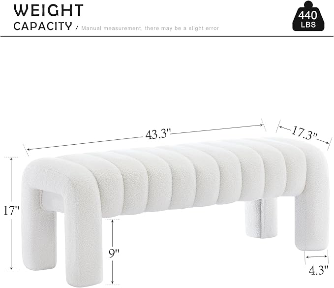 43.3" Bedroom Bench, Upholstered Entryway Bench, Modern End of Bed Ottoman with Solid Wood Legs and Adjustable Foot Pegs for Entryway, Dining Room and Living Room (White Teddy)