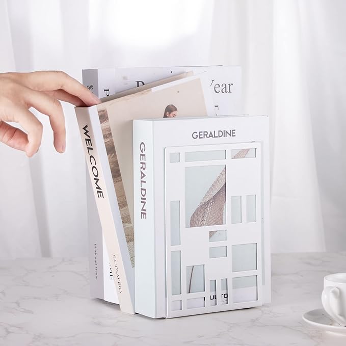 Book Ends, Bookends, Book Ends for Shelves, Bookends for Heavy Books, Book Divider Decorative Holder, Metal Heavy Duty Bookend White 1 Pair, Abstract Art Desgin Book Stopper Supports for Office, Home