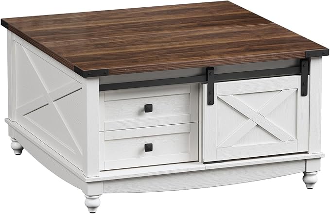 31.5" Lift Top Coffee Table with Storage, Farmhouse Coffee Tables for Living Room, Square Coffee Table with Large Hidden Storage Compartment, 2 Drawers & Removable Shelves, White