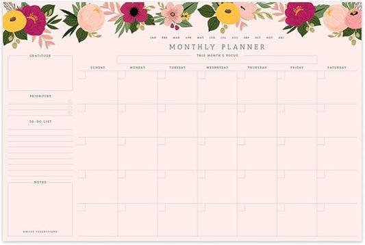 Bliss Collections Monthly Planning Pad, To Do List Notebook - Undated Tear-Off Sheets Notepad - Work Calendar, Organizer, Scheduler for Goals, Tasks - Floral (Pink), 12" x 18", 18 Sheets