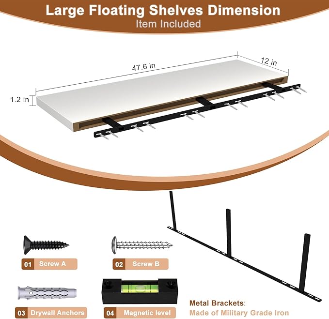 48 Inch Floating Shelf 2 Pack Large Floating Shelves for Wall No Drilling Accessories Included Deep Wall Shelves for Living Room Kitchen Farmhouse 48" W x 12" D x 1.2" White