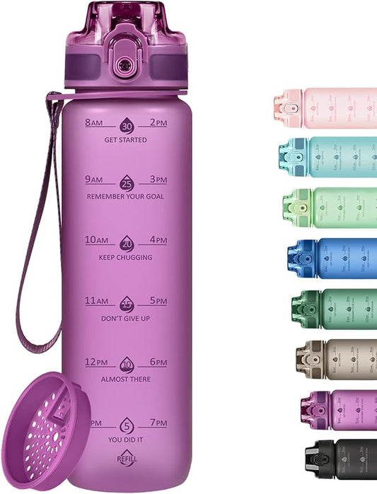 32oz Motivational Water Bottles with Time Marker & Fruit Strainer, Transparent Gradient Color Water Bottle with Times to Drink, Leakproof & BPA Free, Reusable Bottle with Strap (No Straw)