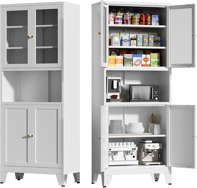 69" Tall Pantry Cabinet, Kitchen Storage Cabinet with 2 Glass Doors and Adjustbale Shelves, Freestanding Metal Cupboards for Dining Room, Living Room, Bathroom