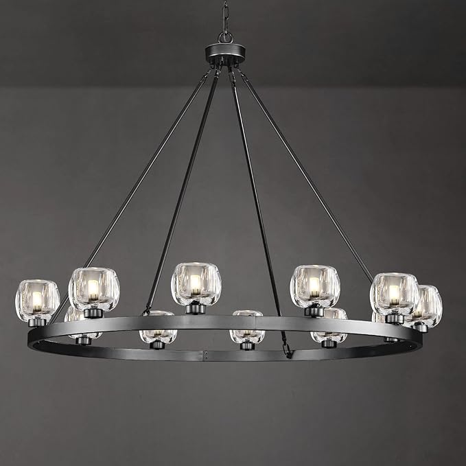 Black Wagon Wheel Chandelier, 48 Inch Black Chandeliers with Unique Glass Shade, 12-Light Crystal Large Wagon Wheel Chandeliers for Dining Room, High Ceiling Round Chandelier for Living Room, Foyer