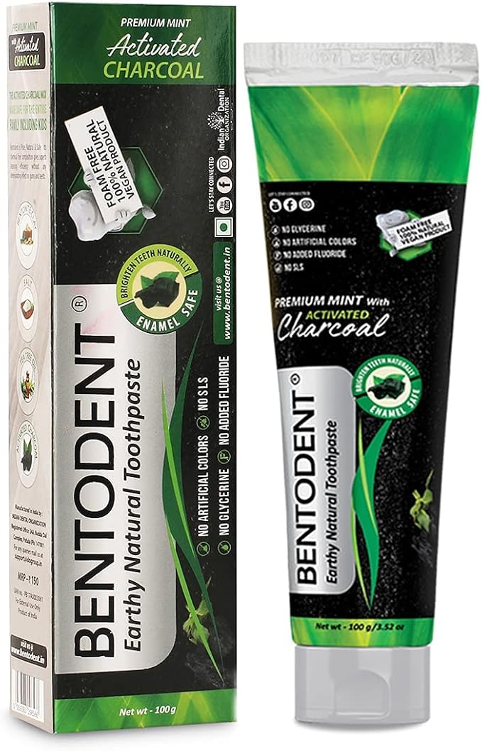 BENTODENT Teeth Whitening Bentonite Clay & Activated Organic Charcoal Toothpaste & Scraper - Detox,Tea Tree, Fluoride Free Adult, Vegan, Travel 3.52 oz