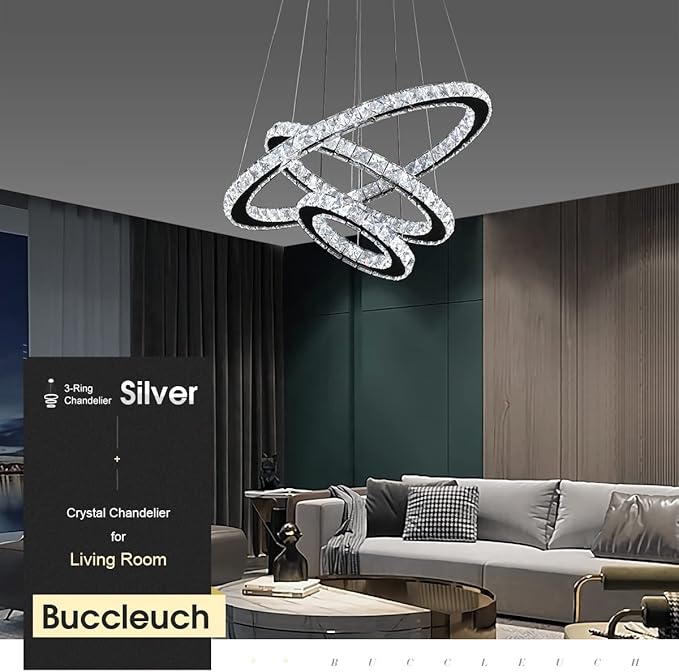 Buccleuch Modern Crystal Chandelier, Dimmable LED Pendant Light Fixture 3-Ring Adjustable Stainless Steel Ceiling Light, Silver Crystal Chandeliers for Dining Room, Bedroom, Living Room - ETL Listed