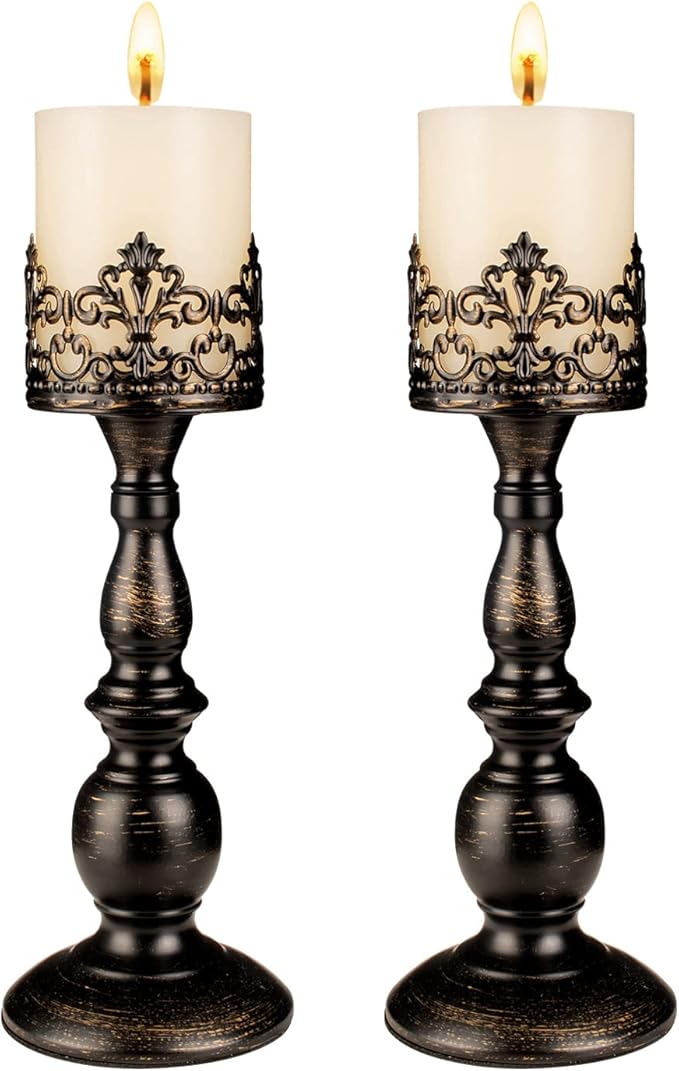 Candle Holders for Pillar Candles Gothic Matte Black Vintage Tall Candle Holders Set of 2 Decorative Large Table Centerpieces Candle Stand Decor (Distressed Black 2PCS A)